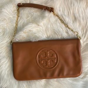 Tory Burch Clutch bag with chain strap. Buttery soft brown honey leather.
